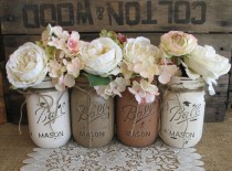 wedding photo - Set of 4 Pint Mason Jars, Ball jars, Painted Mason Jars, Flower Vases, Creme, Tan and Brown Wedding Mason Jars