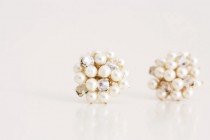 wedding photo - Wedding Jewelry Pearl and Rhinestone Cluster Stud Bridesmaid Earrings