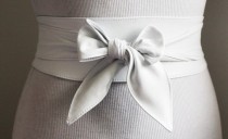 wedding photo - White soft Leather Obi Belt tulip tie