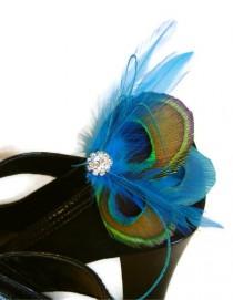 wedding photo - Something Blue Peacock Feather  Shoe Clips with Rhinestones  Wedding Party Bridesmaid