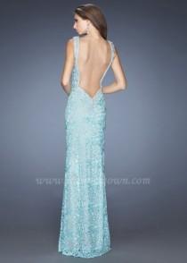wedding photo -  Ice Blue Lace Column Prom Gown with Sheer Back by La Femme 20121
