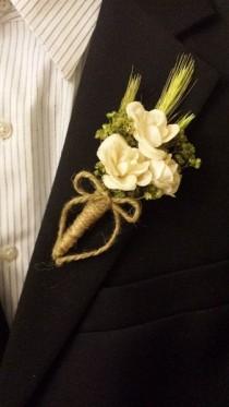 wedding photo - Wedding Boutonniere (Boutineer) - White (Ivory) Roses With Green Babys Breath And Wheat