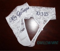 wedding photo - Monogram bridal thongs; personalized lace underwear; something blue; monogram wedding panties; wedding date on panties