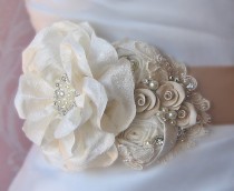 wedding photo - Champagne and Ivory Bridal Sash, Wedding Belt, Flower Sash, Rhinestone ad Pearl - EMILY
