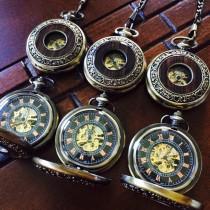 wedding photo - Set of 8 Steampunk Engraved Pocket Watches Personalized Mens mechanical Watch Groomsmen gift
