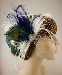 wedding photo - Fancy Peacock - Feather Bridal Fascinator, Feather Fascinator, Bridal Fascinator, Rhinestone Hair clip, Wedding Veil, Fascinator