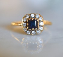 wedding photo - ANTIQUE MIDCENTURY PASTE 9k gold sapphire colored vintage halo ring circa 1961 size 6