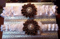 wedding photo - Wedding Garter Set with Brown Daisy and Lace Daisies, Bridal Garter on White Satin
