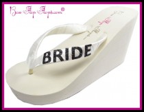 wedding photo - Bride Glitter Flip Flops Ivory Wedding Shoes Wedge Bridal White Glitter Satin Wedding platform heel Bling Ribbon brides bridesmaids
