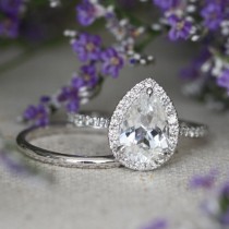 wedding photo - Pear Engagement Ring and Matching Wedding Band in 14k White Gold Halo Diamond 10x7mm White Topaz Gemstone Ring Half Eternity Band