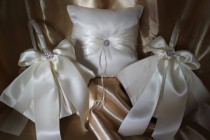 wedding photo - 3pc Set-Ivory or White Satin Larger Flower Girl Baskets and Ring Bearer Pillow Ivory Satin Ribbon Rhinestone Accent-CUSTOM COLORS