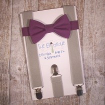 wedding photo - Purple Bow Tie and Grey Suspenders, Toddler Suspenders, Baby Suspenders, Ring Bearer, Eggplant, Plum