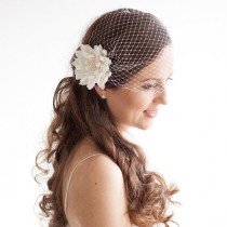 wedding photo - Ivory Birdcage Veil with Dahlia Flower Clip - Bridal Veil Fascinator - Wedding Hair Accessories Blusher