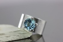 wedding photo - Sky Blue Topaz Gemstone with Wide Textured Band - Solid Sterling Silver - Wedding Engagement Promise Ring