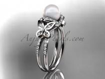 wedding photo -  14kt white gold diamond pearl unique engagement ring, butterfly wedding ring AP141