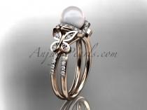 wedding photo -  14kt rose gold diamond pearl unique engagement ring, butterfly wedding ring AP141