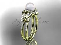 wedding photo -  14kt yellow gold diamond pearl unique engagement ring, butterfly wedding ring AP141