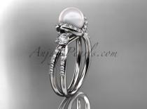 wedding photo -  Platinum diamond pearl unique engagement ring, wedding ring AP146