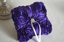 wedding photo - Purple ring pillow- rosette, satin, custom ring holder, ring cushion