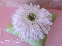 wedding photo - Lime Green Damask Daisy Wedding Ring Pillow- Crystal Love Charm