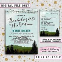 wedding photo - Bachelorette Camping Weekend Invitation and Itinerary "Mountains & Pine, Blue Ridge" (Printable File Only) Rustic Girl's Cabin Trees Lights