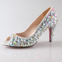 wedding photo - AB crystal rhinestone shoes peep toe open toe heels wedding shoes , party shoes , prom shoes