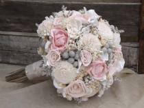 wedding photo - Sola Bouquet Pink Roses Blush Pink with Dried Flowers Silver Brunia Tallow Berries MADE TO ORDER