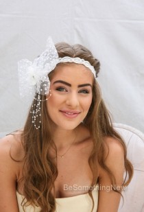 wedding photo - White Wedding Elastic Headband with Dotted Veil Bow Flower Girl or Bachelorette Party Headband Wedding Veil Large Bow Headpiece with Pearls