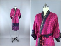 wedding photo - Silk Robe / Silk Sari Robe / Silk Kimono Robe / Vintage Indian Sari / Silk Dressing Gown Wedding Lingerie / Boho Bohemian / Navy & Pink Ikat