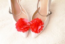 wedding photo - Fuchsia Satin Flower Shoe Clips - Wedding Shoes Bridal Couture Engagement Party Bride Bridesmaid - Magenta Hot Pink