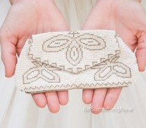 wedding photo - Small Vintage Beaded Wedding Clutch Purse Ivory Gold and Bronze Beaded Purse Accessory Wedding Purse Beaded Clutch, Czechoslovakia Bag
