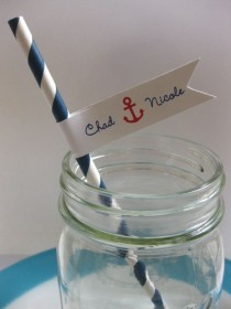 wedding photo - Nautical Wedding Paper Straws Personalized Anchor Navy Red Birthday Shower Custom