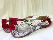 wedding photo - Wedding Shoes guns and red roses,  charcoal  revolver flats, guns and roses shoes, rock and roll shoes, painted flat shoes, unique bride