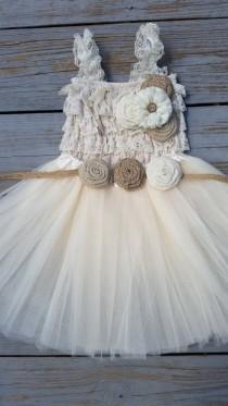 wedding photo - Rustic Flower Girl Dress -Cream/Ivory Tutu/Rustic Flower Girl/Country Flower Girl Dress -Lace Romper-Country Wedding-Vintage Wedding-Romper