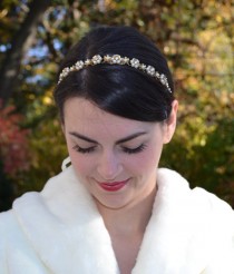 wedding photo - Gold Flower and Rhinestone Bridal Headband, Gold Pearl Wedding Hairband, Gold Wedding Head piece
