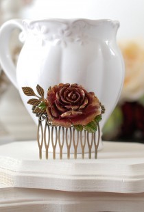 wedding photo - Fall Rose Hair Comb, Gold Dark Red Burgundy Rose, Leaf Branch, Rustic Vintage, Fall Wedding Flower Comb, Autumn Bridal Hair Accessory