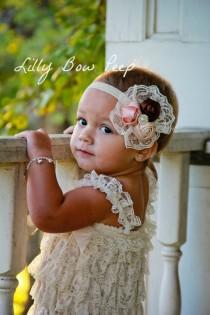 wedding photo - SET,Baby Girl Clothes,Newborn Girl Clothes,Ivory Lace Pettie Romper & Headband,Preemie,Infant,Child,Baptism Dress,Wedding,Confirmation,baby