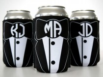 wedding photo - Monogrammed Groomsmen Koozies - Sharp Dressed Can - Tuxedo Design