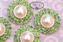 wedding photo - 4 pieces - 25mm Silver Plated Metal PERIDOT Lime Green Crystal Pearl Rhinestone Buttons - wedding / hair / garment accessories Flower Center