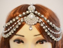 wedding photo - Silver Crystal Three Row  Pearl Indian Matha Patti Tikka Head Chain Jewellery Bridal Prom