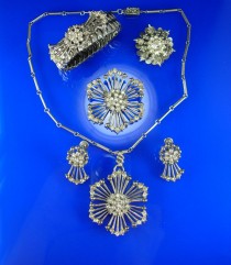 wedding photo - Occupied Japan Parure Vintage necklace bracelet chandelier earrings & 2 brooches Rhinestones  Birthday Wedding jewelry 1940's