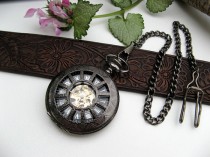 wedding photo - Neo Victorian Black Mechanical Pocket Watch 17 Jewel - Pocket Watch Chain - Watch - Best Man - Groomsmen Gift - Item MPW160