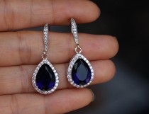 wedding photo - dark sapphire blue earring , cz sapphire earring , drop wedding earring , blue bridesmaid earring