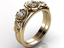 wedding photo - 14k yellow gold diamond unusual unique flower engagement ring, wedding ring, flower engagement set ER-1094-2