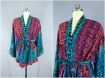 wedding photo - Silk Kimono Cardigan / Kimono Jacket / Vintage Indian Sari / Short Robe Dressing Gown Wedding / Boho Bohemian / Blue Pink Floral Block Print