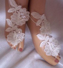 wedding photo -  Beautiful Ivory Beaded Sequined Lace Barefoot Sandals, Ivory White Bottomless Sandals, Beach Bride Sandals, Beach Wedding Sandals, Foot Wear