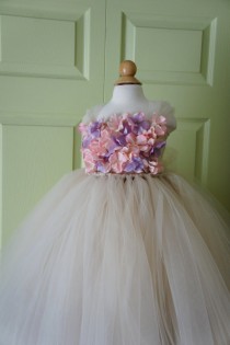 wedding photo - Flower girl dress, Champagne Dress, Champagne tutu dress, Lavender and Pink Flowers, flower top, hydrangea top, toddler tutu dress