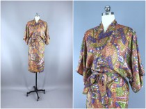 wedding photo - Silk Robe / Silk Sari Robe / Silk Kimono Robe / Vintage Indian Sari / Raw Silk Dressing Gown Wedding / Boho Bohemian / Tan Purple Abstract