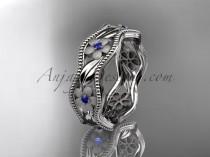 wedding photo -  14kt white gold blue sapphires flower wedding ring, engagement ring, wedding band. ADLR190