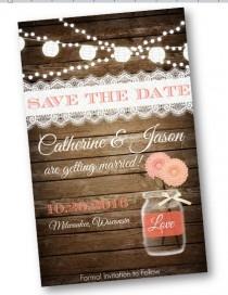 wedding photo - Coral Wedding Save The Date Coral Peach Wood Rustic Mason Jar Card String Of Lights Rustic Lace Vintage Shabby Chic Printable Invitation